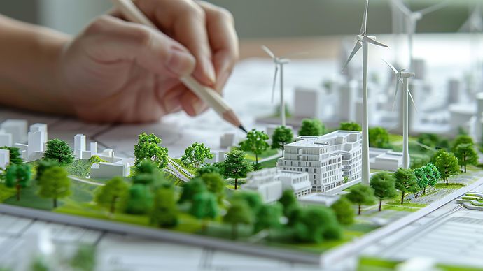Modell einer grünen Stadtplanung mit Gebäuden, Bäumen, Windrädern und einer Hand, die den Plan bearbeitet.