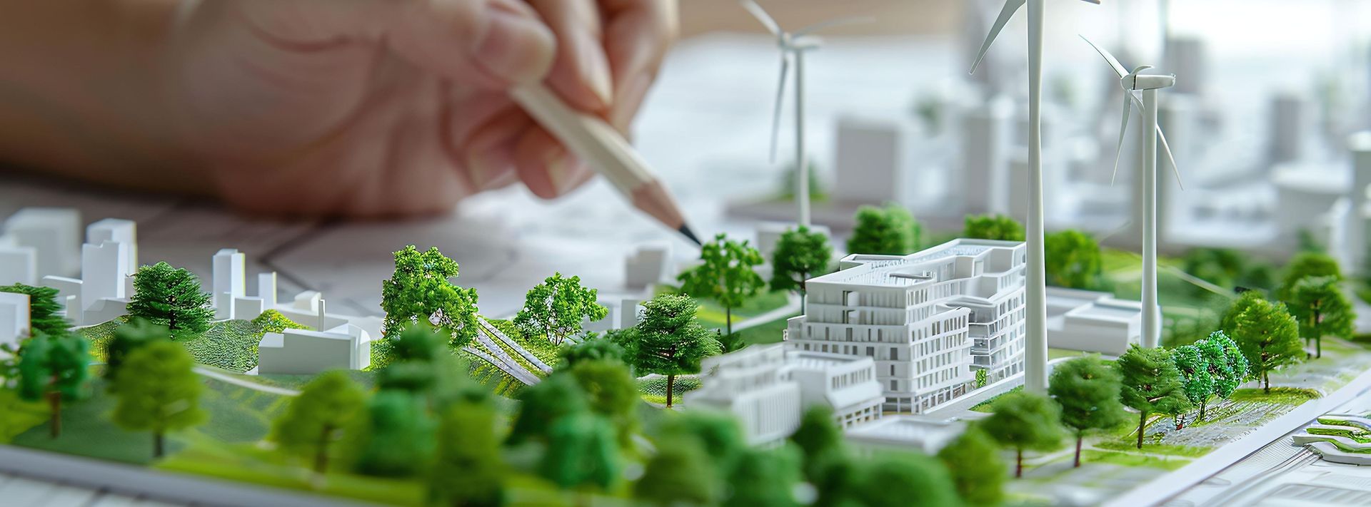 Modell einer grünen Stadtplanung mit Gebäuden, Bäumen, Windrädern und einer Hand, die den Plan bearbeitet.