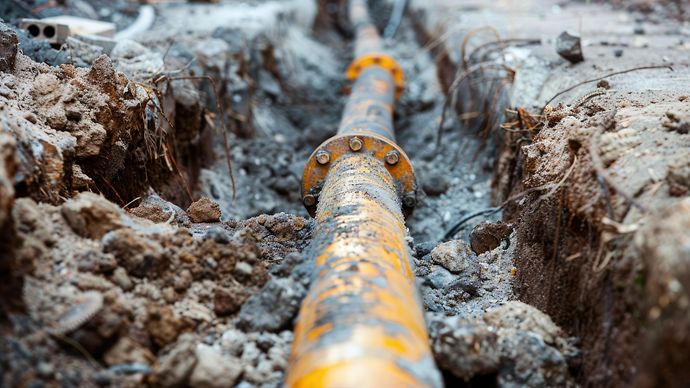 Geöffneter Graben mit freigelegtem gelbem Rohr, umgeben von Erde und Baustellenmaterial