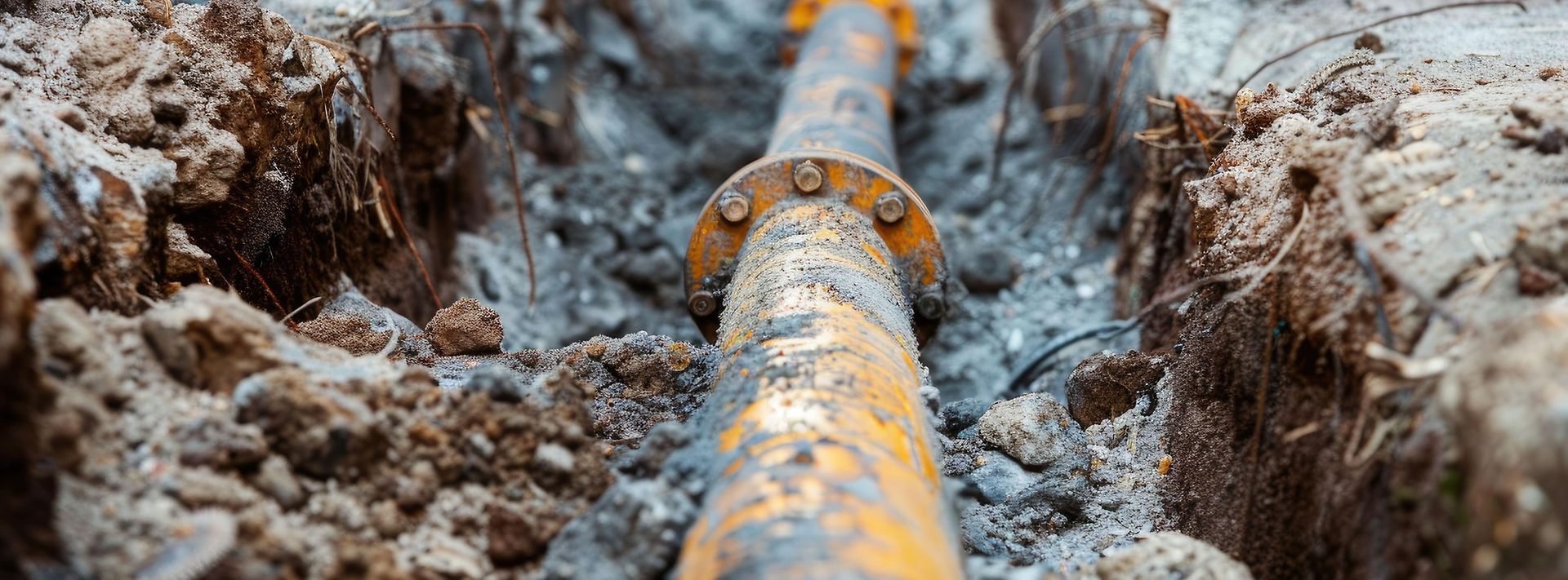 Geöffneter Graben mit freigelegtem gelbem Rohr, umgeben von Erde und Baustellenmaterial