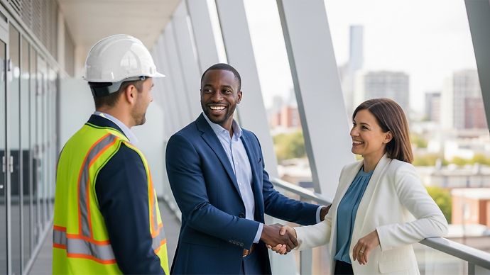 Drei Personen auf einer Baustelle, dabei ein Techniker und zwei Geschäftspartner