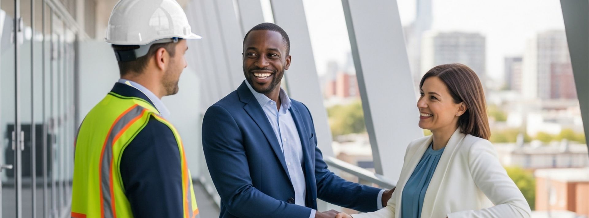Drei Personen auf einer Baustelle, dabei ein Techniker und zwei Geschäftspartner