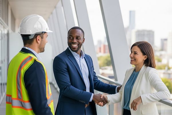 Drei Personen auf einer Baustelle, dabei ein Techniker und zwei Geschäftspartner