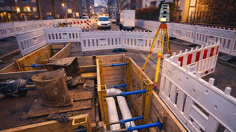 Abgesperrte Baustelle mit einem geöffneten Graben mit Rohrleitungen und stützenden Schalungselementen