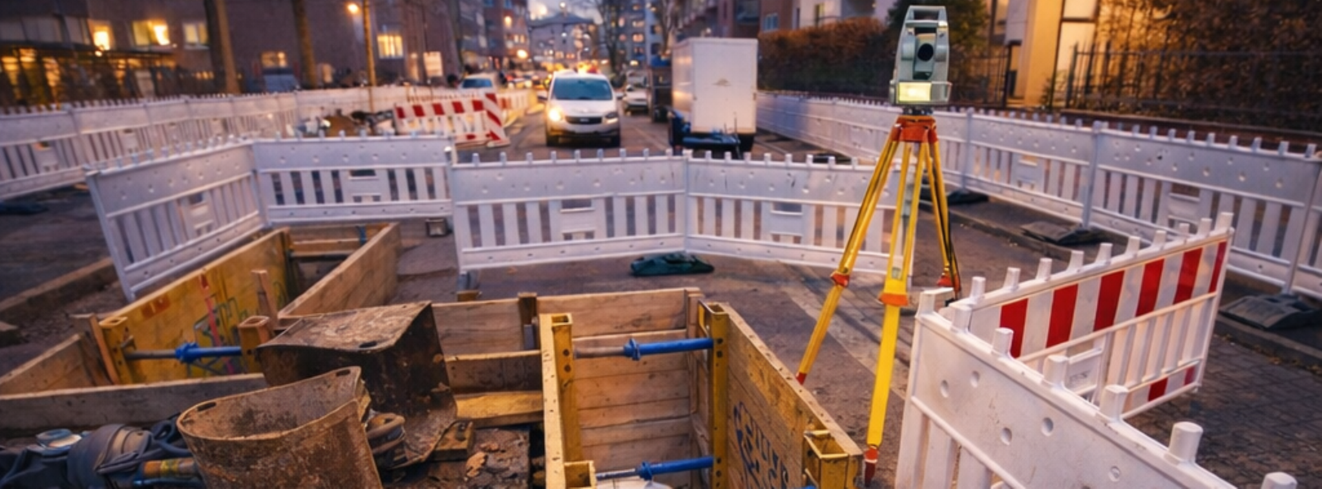 Abgesperrte Baustelle mit einem geöffneten Graben mit Rohrleitungen und stützenden Schalungselementen