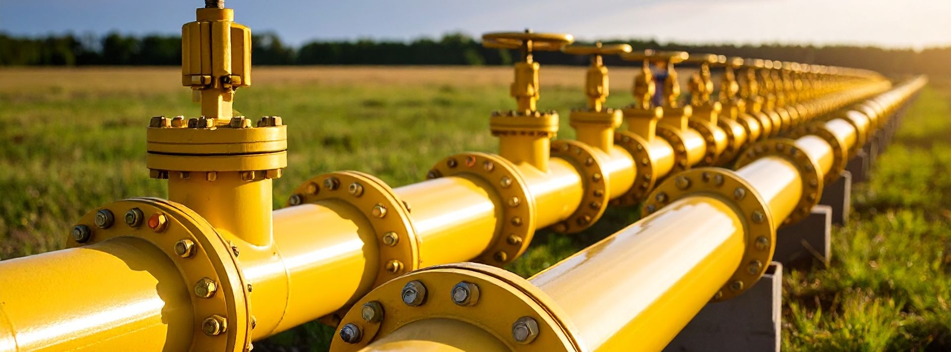Lange Reihe gelber Industrie-Rohre mit mehreren Ventilen auf einer sonnigen Wiese.