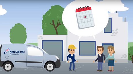 Ein Servicefahrzeug der NRM steht vor einem Haus mit drei Personen. Über ihnen ist ein Kalender-Symbol mit einem Termin zusehen