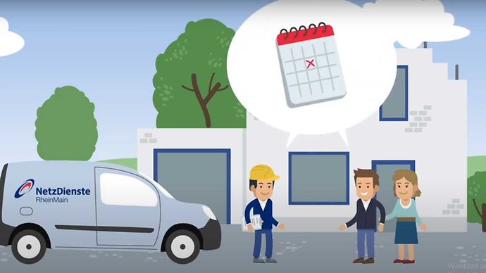 Ein Servicefahrzeug der NRM steht vor einem Haus mit drei Personen. Über ihnen ist ein Kalender-Symbol mit einem Termin zusehen