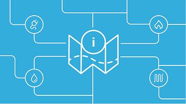 Blaue Grafik mit Karten-Symbol und Info-Icon, verbunden mit Symbolen für Energie, Wasser und Technik