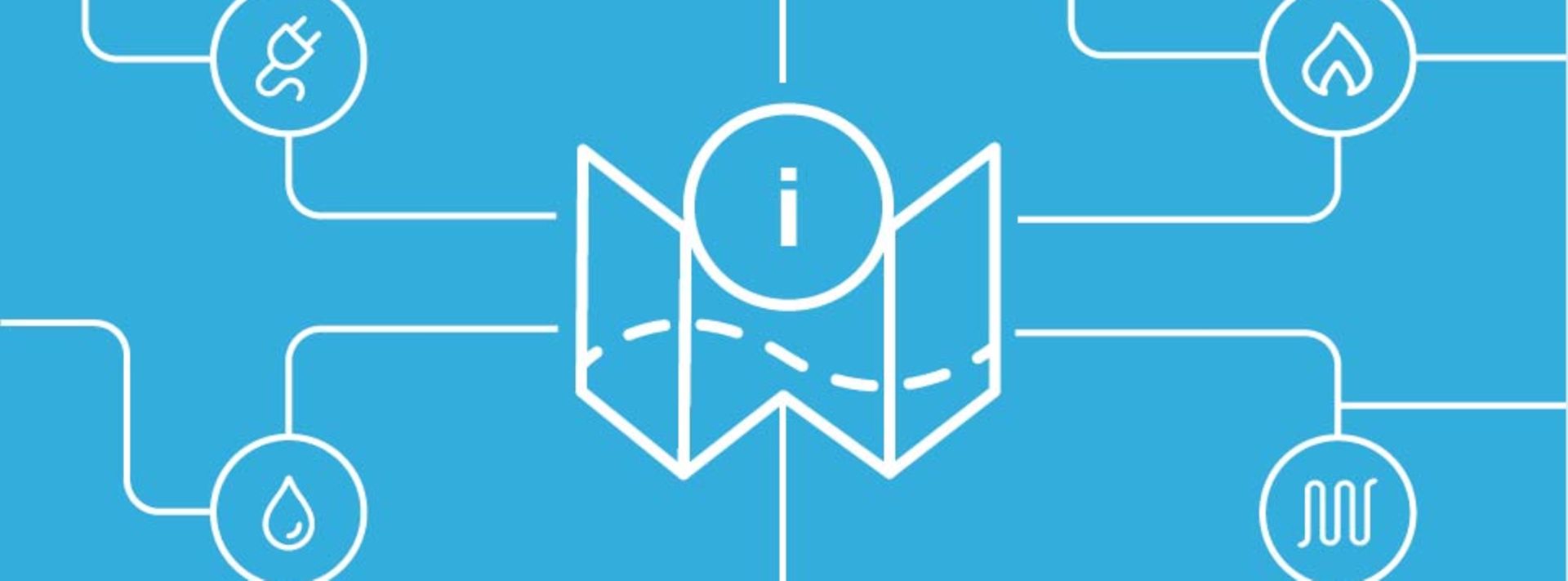 Blaue Grafik mit Karten-Symbol und Info-Icon, verbunden mit Symbolen für Energie, Wasser und Technik