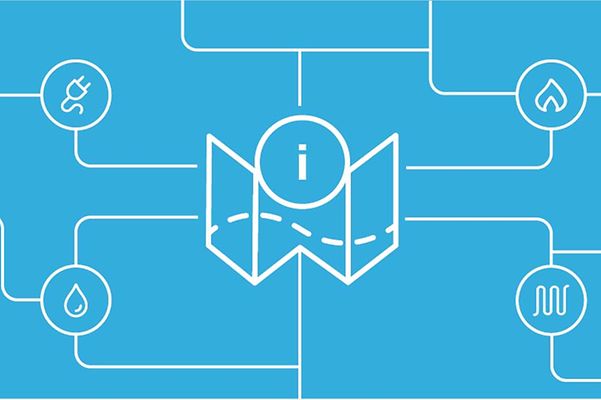 Blaue Grafik mit Karten-Symbol und Info-Icon, verbunden mit Symbolen für Energie, Wasser und Technik